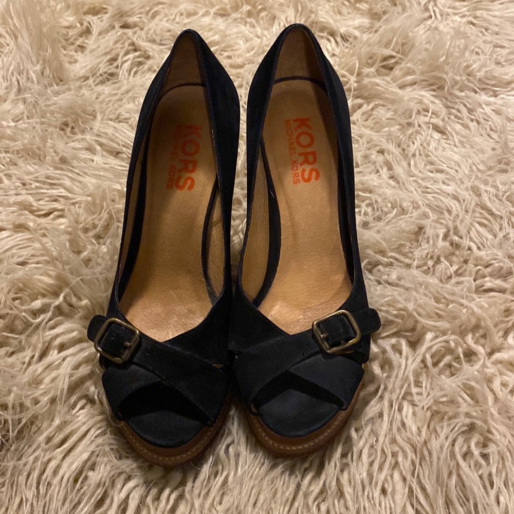 Michael Kors black suede open toe wooden heels size 8